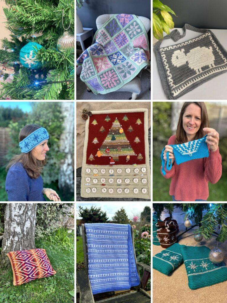 9 overlay mosaic crochet projects including blankets, cushion, advent calendar, bags and headband