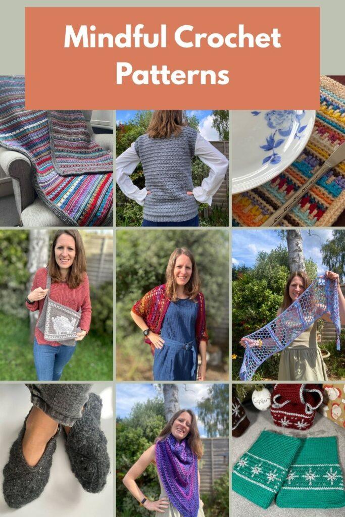 A collage of 9 free mindful crochet patterns designed to help you unwind