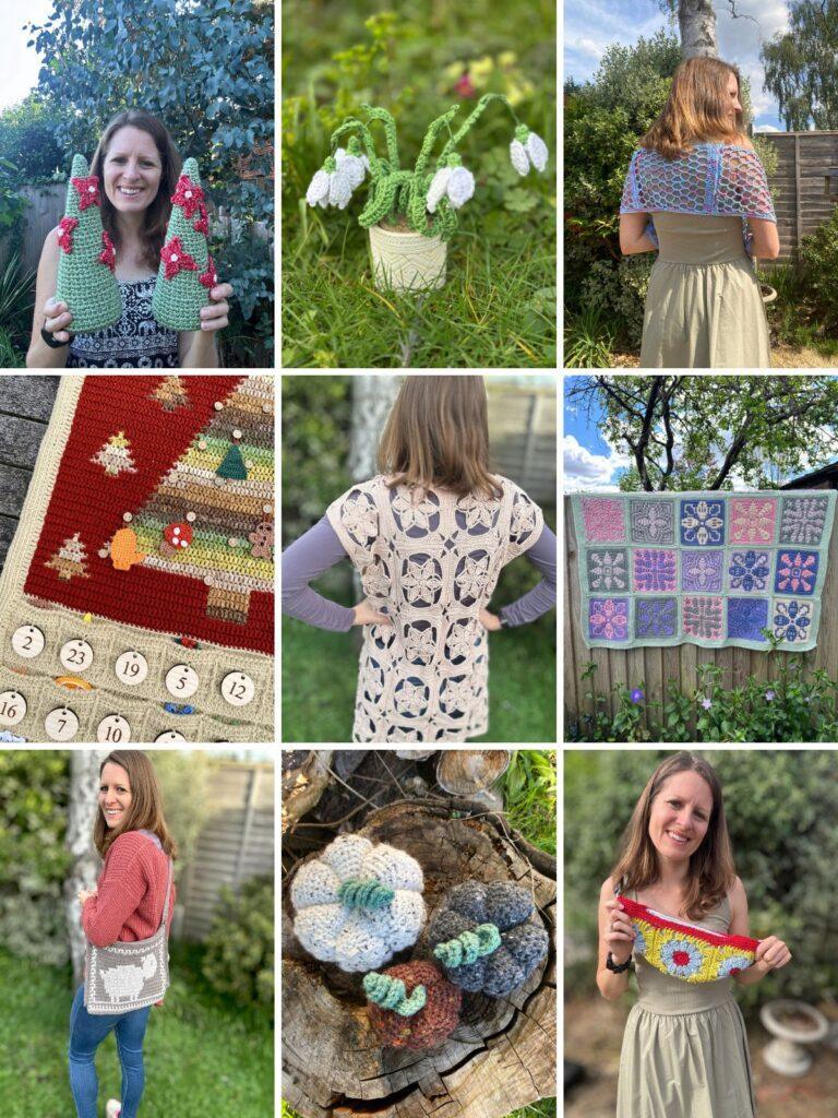 A collage of 9 nature inspired crochet patterns, including bags, pumpkins, snowdrops, blankets and Christmas patterns