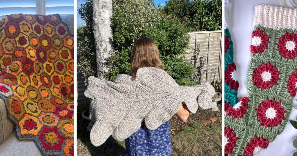 3 images of nature crochet patterns including a autumn blanket, an oak leaf blanket and a floral crochet stocking