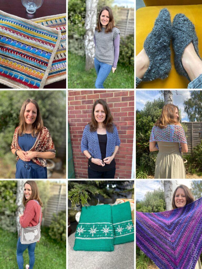 A collage of relaxing crochet projects from scarves and shawls to blankets, book sleeves and bags
