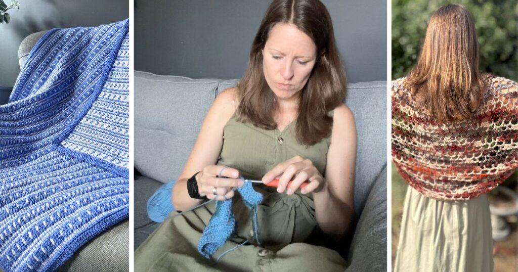 3 images: the middle image is of a woman crocheting wearing a green dress. The left is of a blue and white striped crochet blanket, the right is of a woman wearing a crochet cocoon cardigan in brown shades with her back turned.