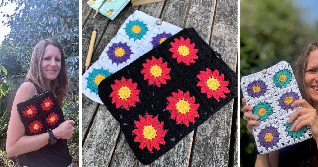 3 images of a crochet iPad cover in 2 different colour ways, yellow and red flowers with black, or green/purple flowers and white background