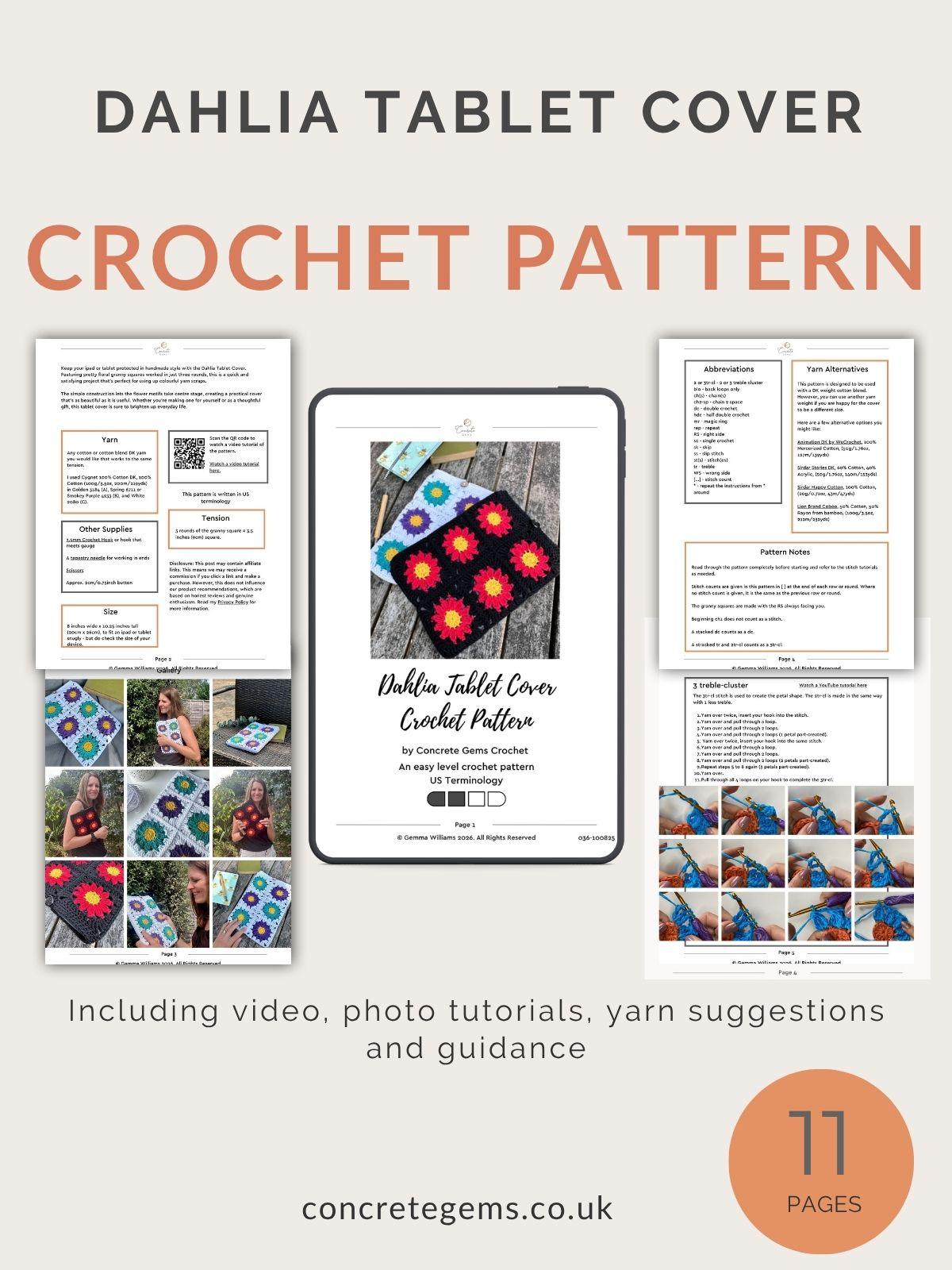 A pdf mock up of the Dahlia Tablet cover crochet pattern
