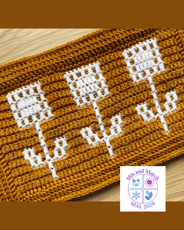 3 mosaic crochet sunflowers in white yarn on a brown background using overlay mosaic crochet