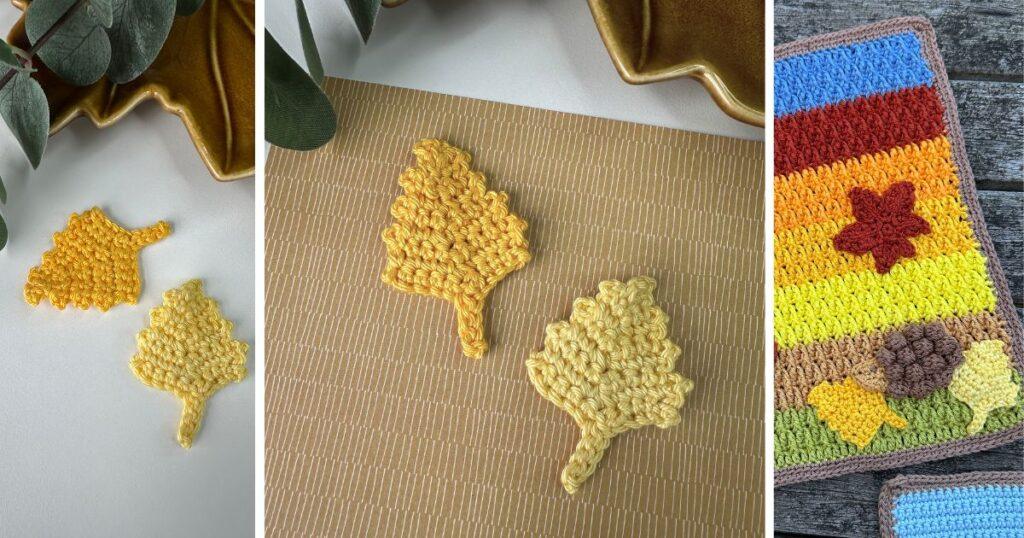 3 images of crochet birch leaves in 2 different yellows