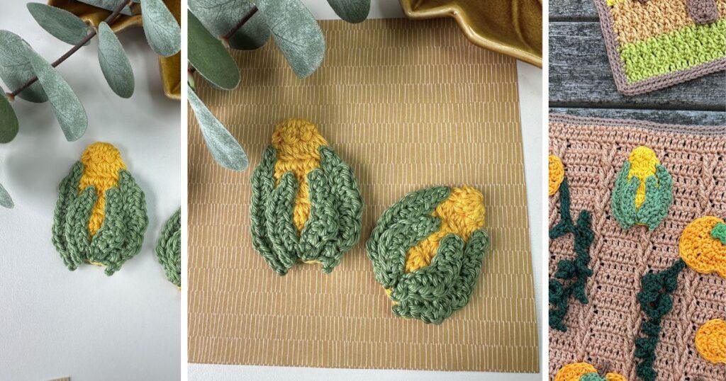 3 images of a crochet corn on the cob with yellow sweetcorn and green crochet leaves