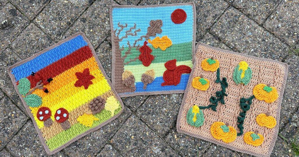 Three autumn crochet pictures with mix and match applique motifs