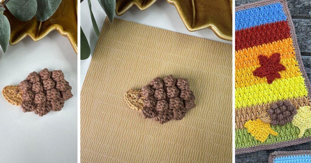 3 images of a tiny brown crochet appliqué hedgehog