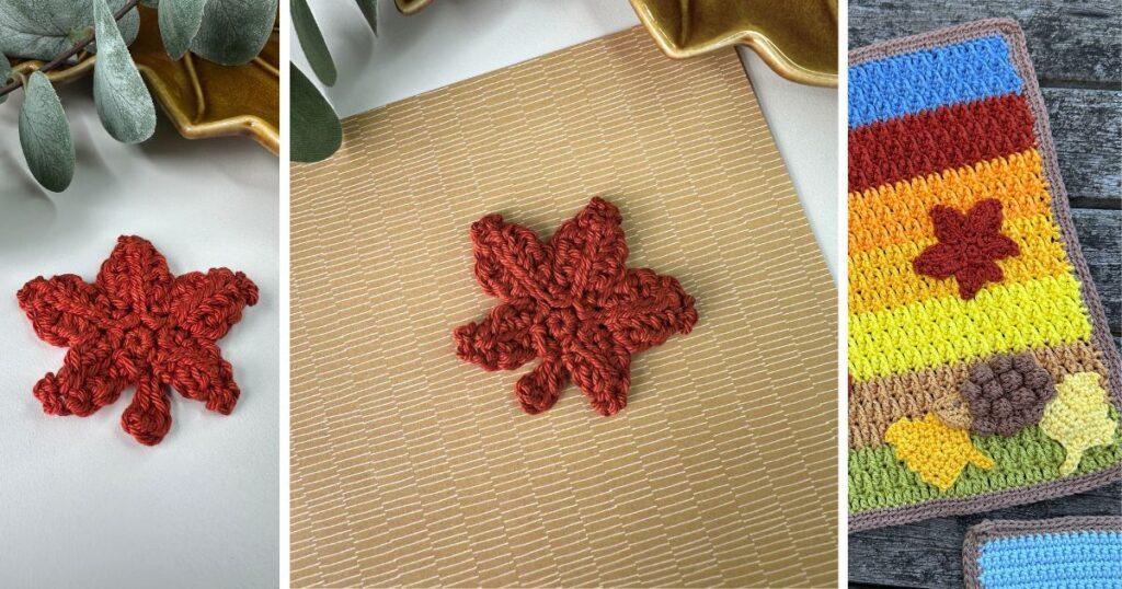 3 images of a crochet maple leaf in red yarn