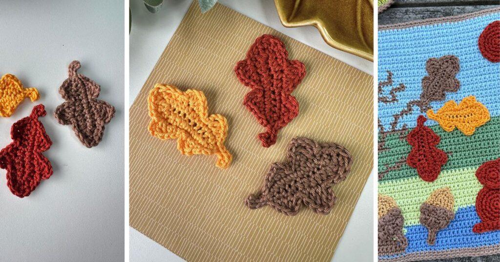 Three images of crocheted oak leaves in different colours on different backgrounds