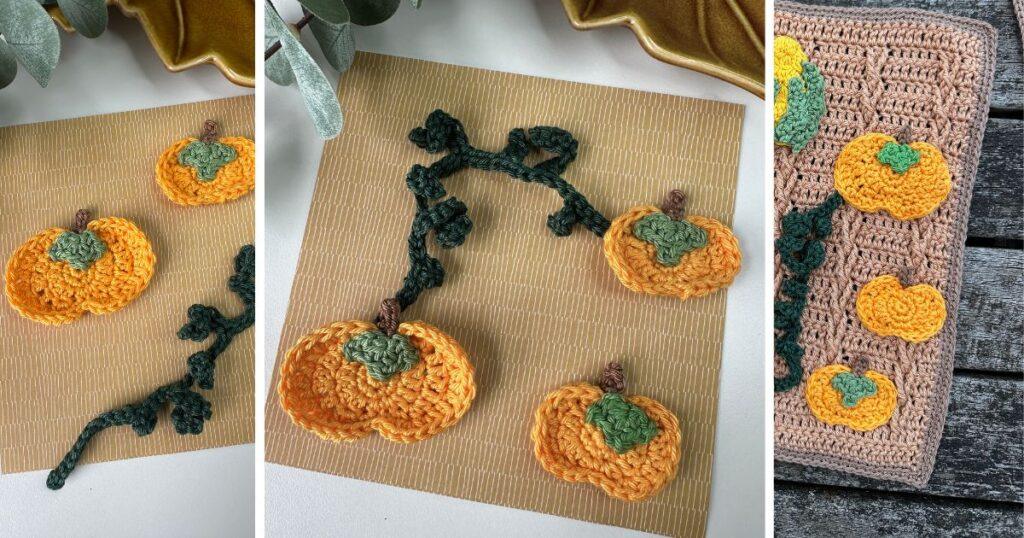 Small crochet pumpkin appliqué motifs with leaves and vines are displayed in 3 different images