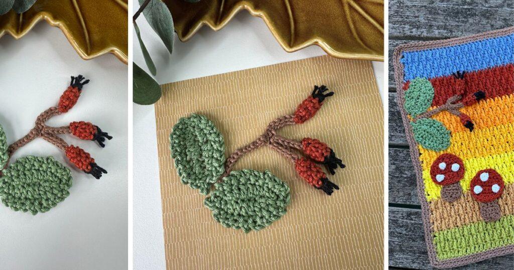 3 images of a crochet rose leaf and rose hip sprig.