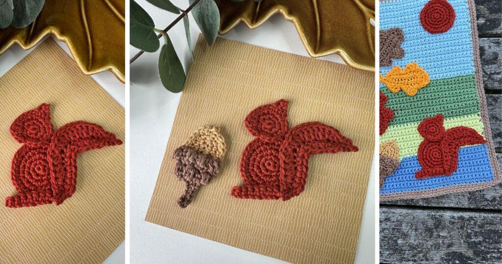 3 images of a crochet squirrel appliqué pattern, also showing a crochet acorn appliqué too
