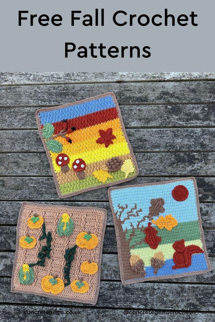 3 free fall crochet patterns of different autumn backgrounds and appliqué crochet motifs to decorate each scene