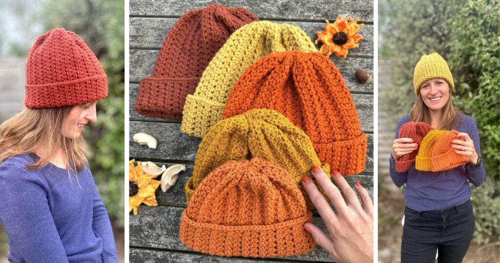 a crochet beanie hat shown in 3 different images in different sizes both worn and flatlay, in autumnal colours