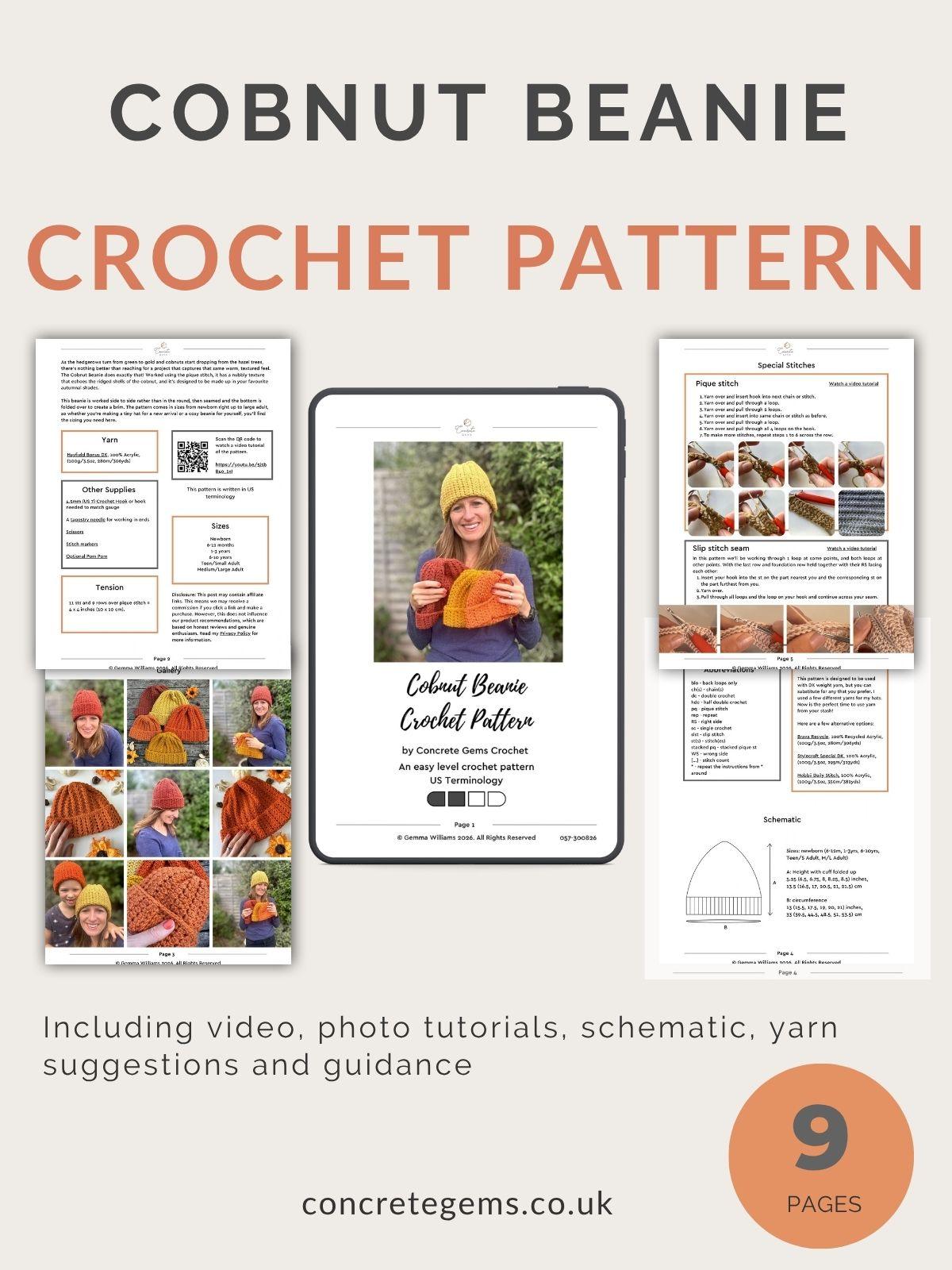 A pdf graphic for the cobnut beanie crochet pattern showing 5 of the pages