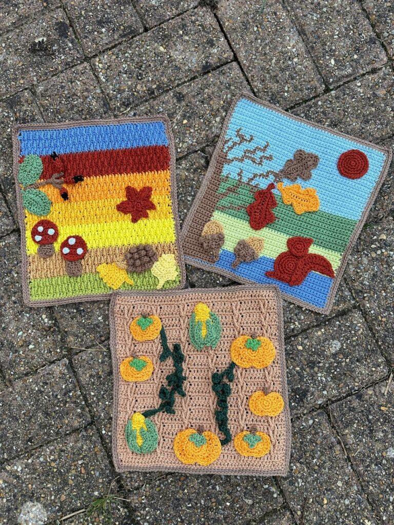 Fall crochet scenes of fields, pumpkins, trees and more with applique motifs