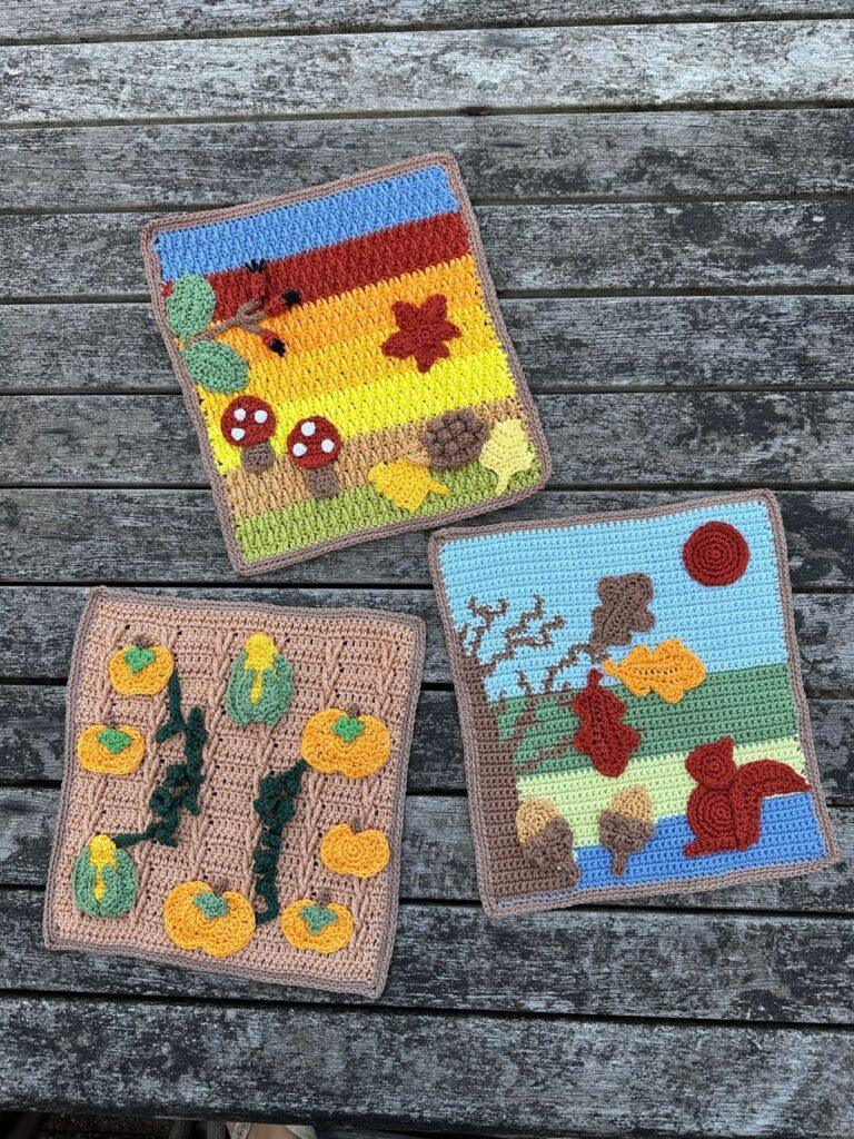 3 fall crochet picture patterns with different backgrounds and mix and match motifs