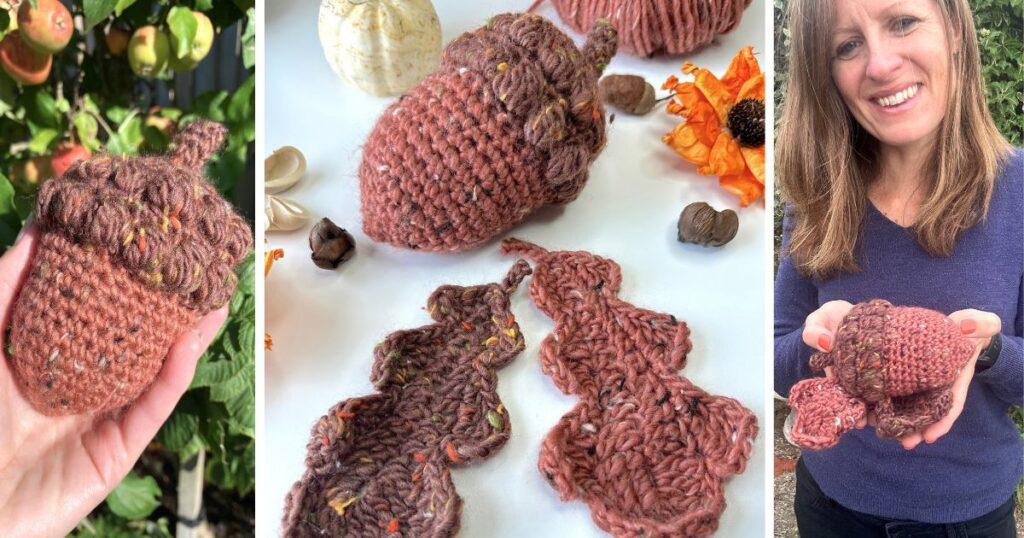 3 images of a large crochet acorn using tweed yarn