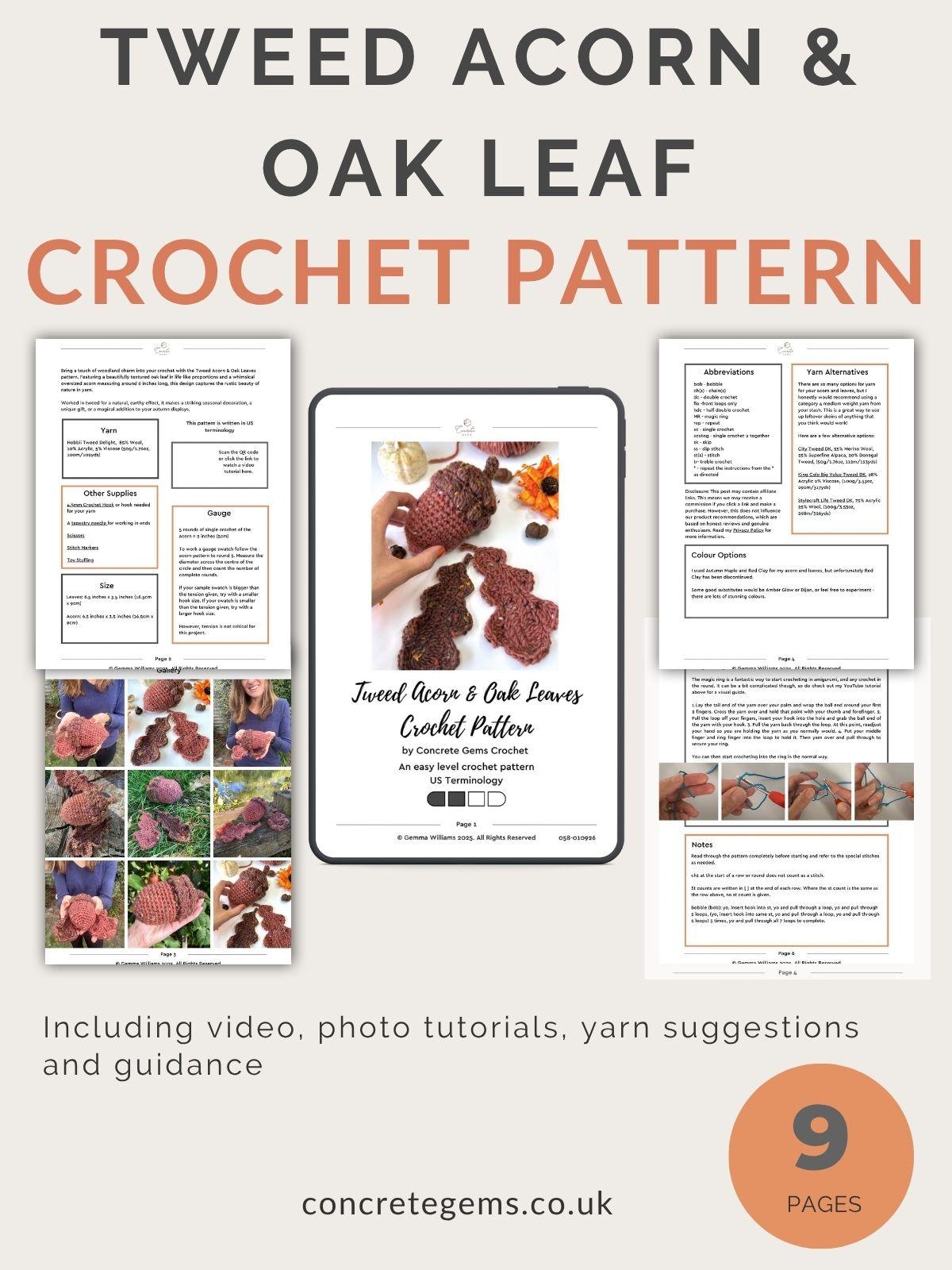 A pdf mock up of the Tweed acorn and oak leaf crochet pattern