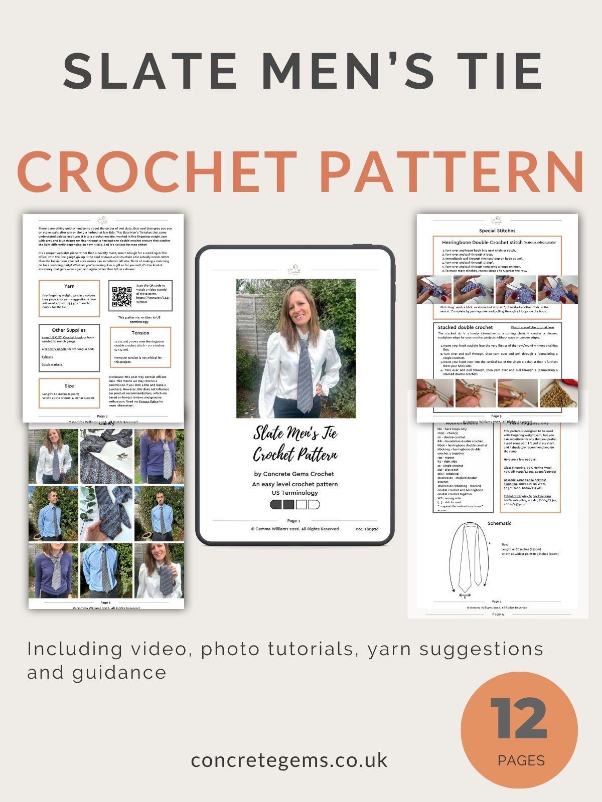 A pdf mock up of the slate men's tie crochet pattern showing 5 of the 12 pages