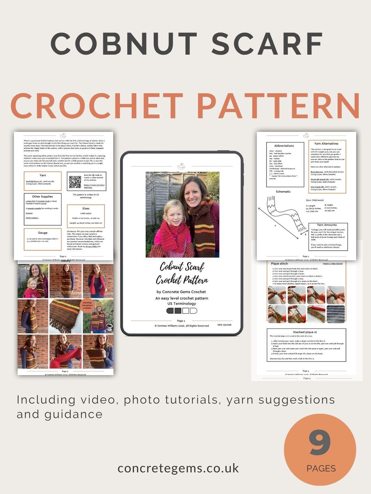 A pdf mock up of the Cobnut Scarf crochet pattern showing 5 of the 9 pages.