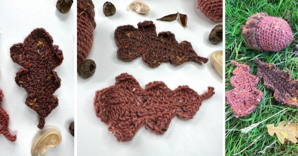 3 images of crochet oak leaves in different angles and locations. One also features a crochet acorn, all are larger than life.