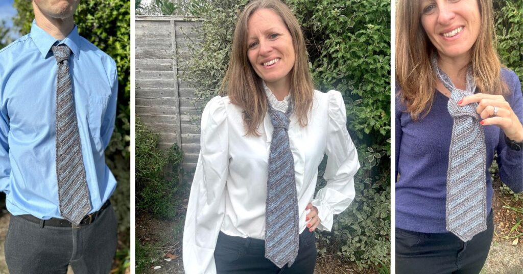 3 images of people wearing a striped crochet tie which is a classic mens tie with stripes