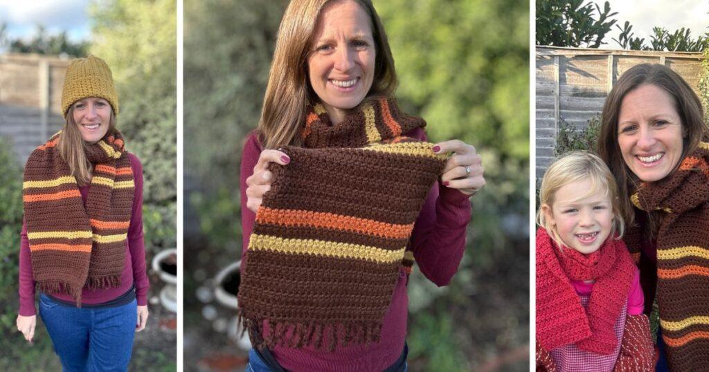 3 images of a lady wearing a brown, yellow and orange striped crochet scarf and a smaller child wearing a red crochet scarf